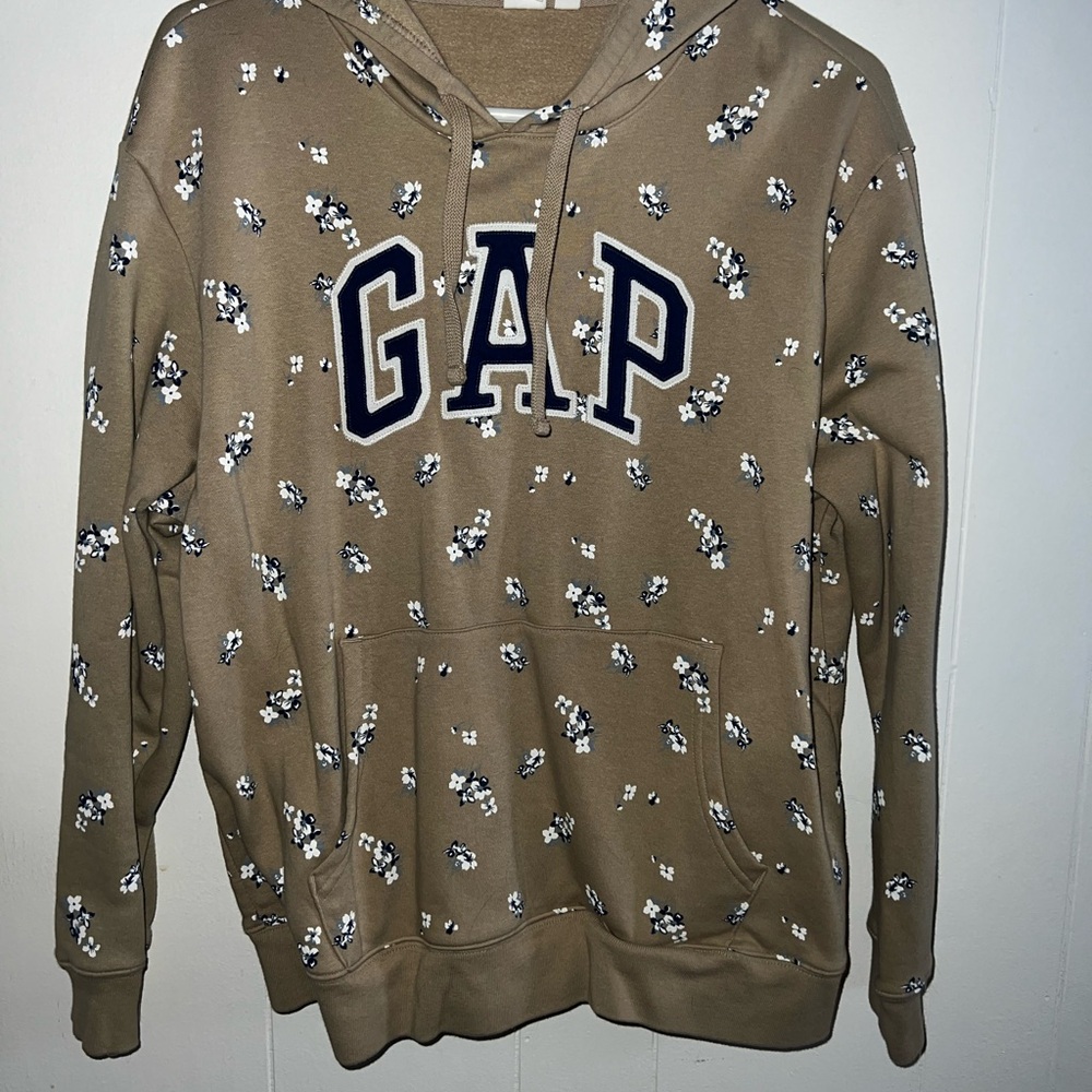 GAP Tan Pullover Hoodie with Navy Logo and Pattern